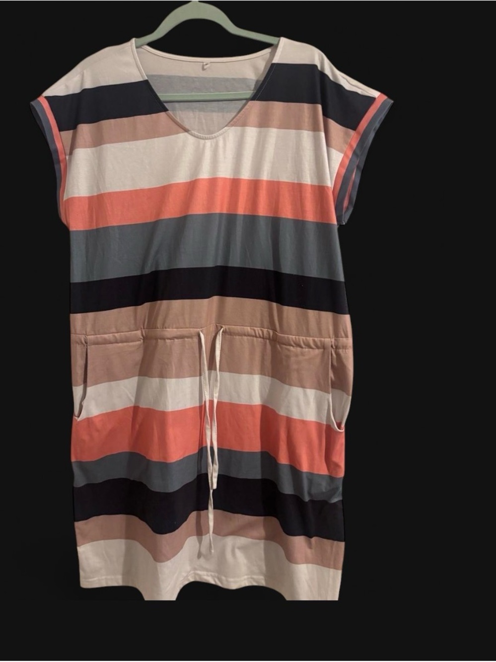 Others Follow Striped Midi Dress - Coral, Navy & Beige